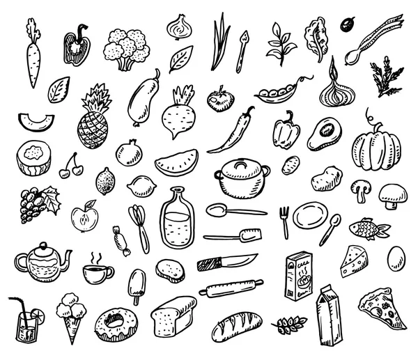 Doodle alimentos saludables iconos conjunto — Vector de stock