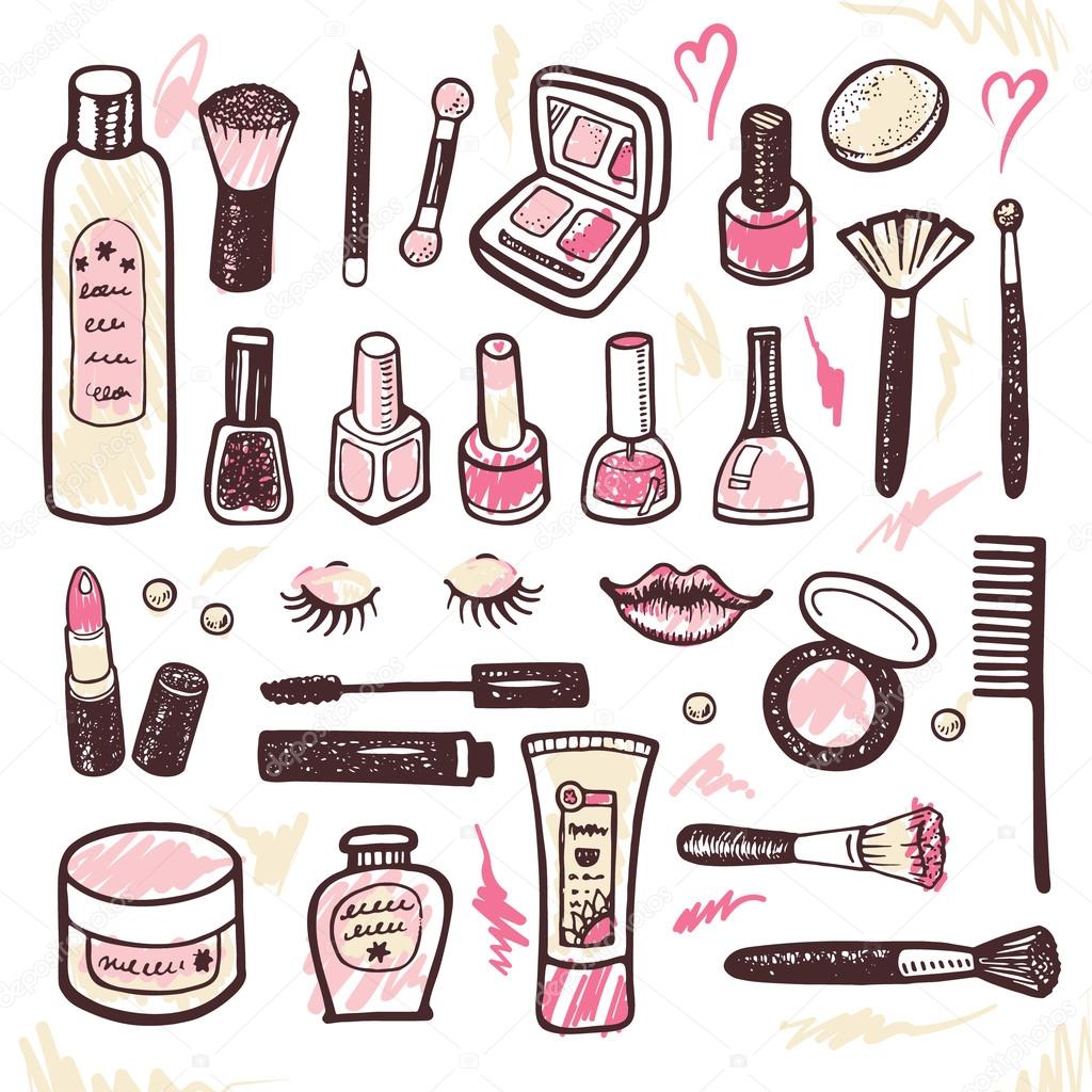 Hand drawn collection of cosmetics illustration