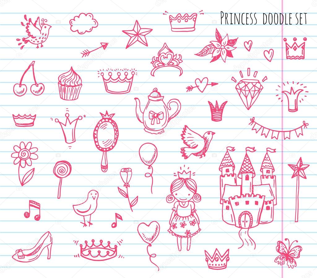 Hand drawn set of princess elements