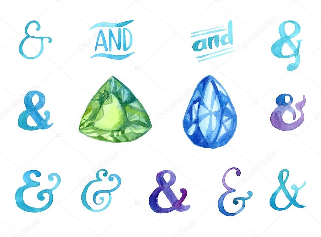 watercolor ampersands and gemstones set