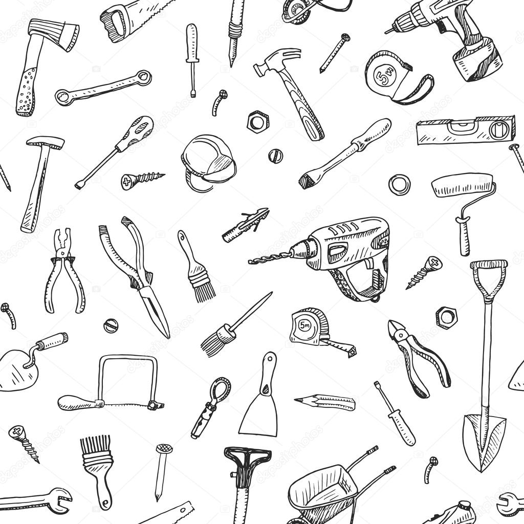 Hand drawn seamless pattern of tools