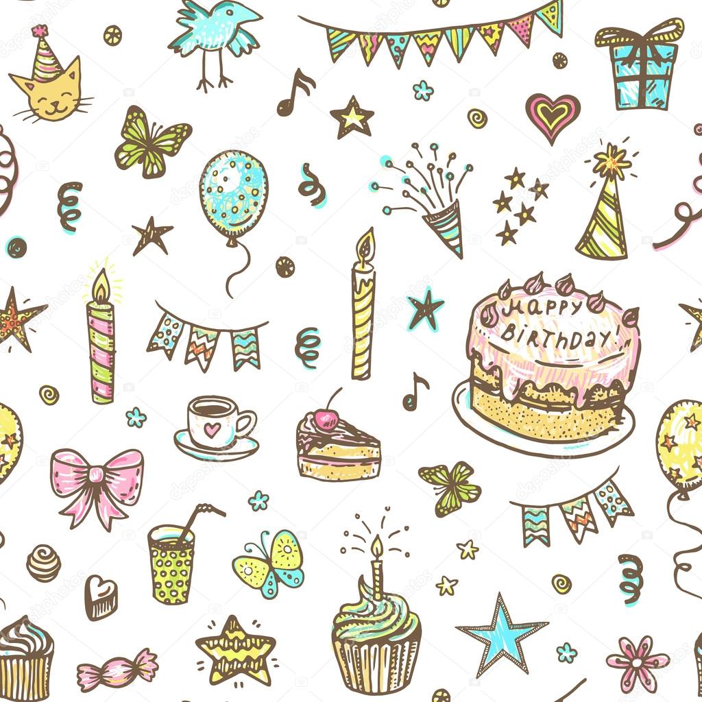 happy birthday doodle seamless pattern