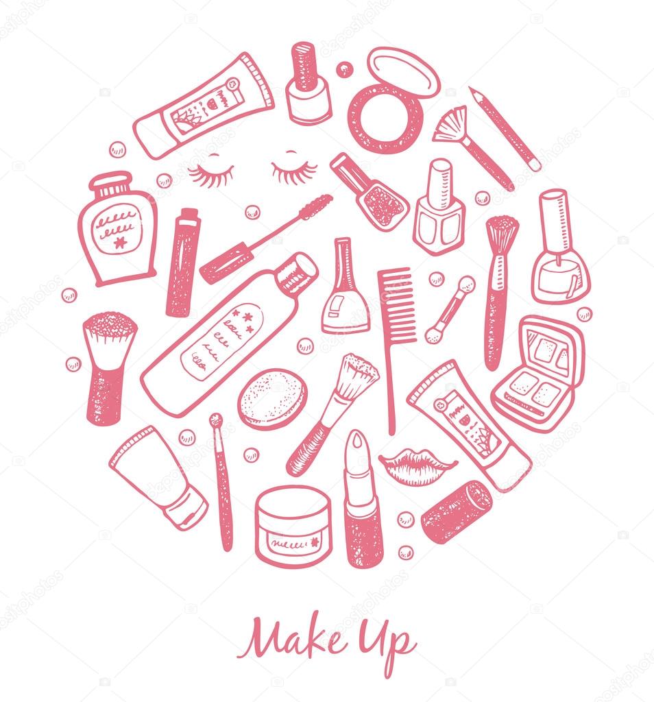 Hand drawn beauty and cosmetics items