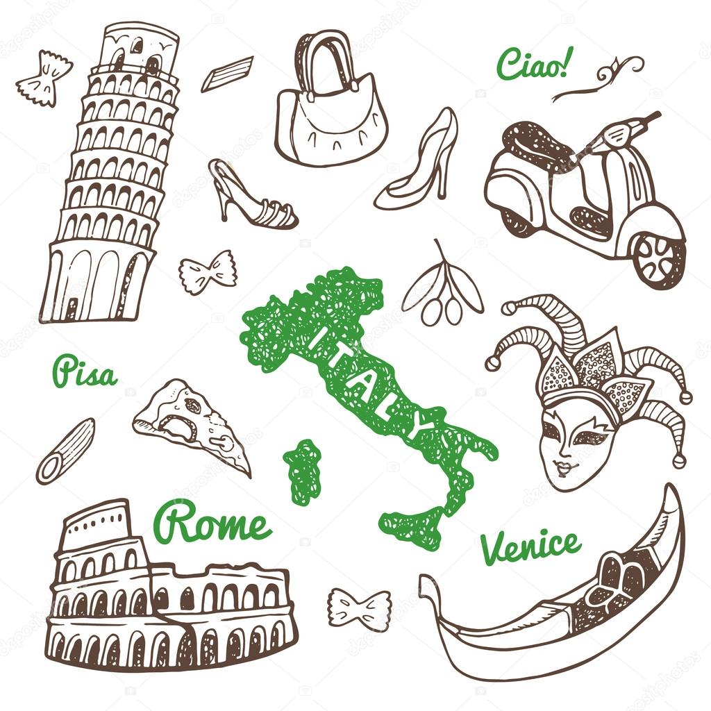 Italy symbols and landmarks set.