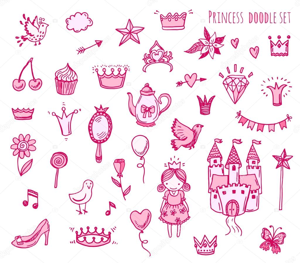 Hand drawn set of princess elements