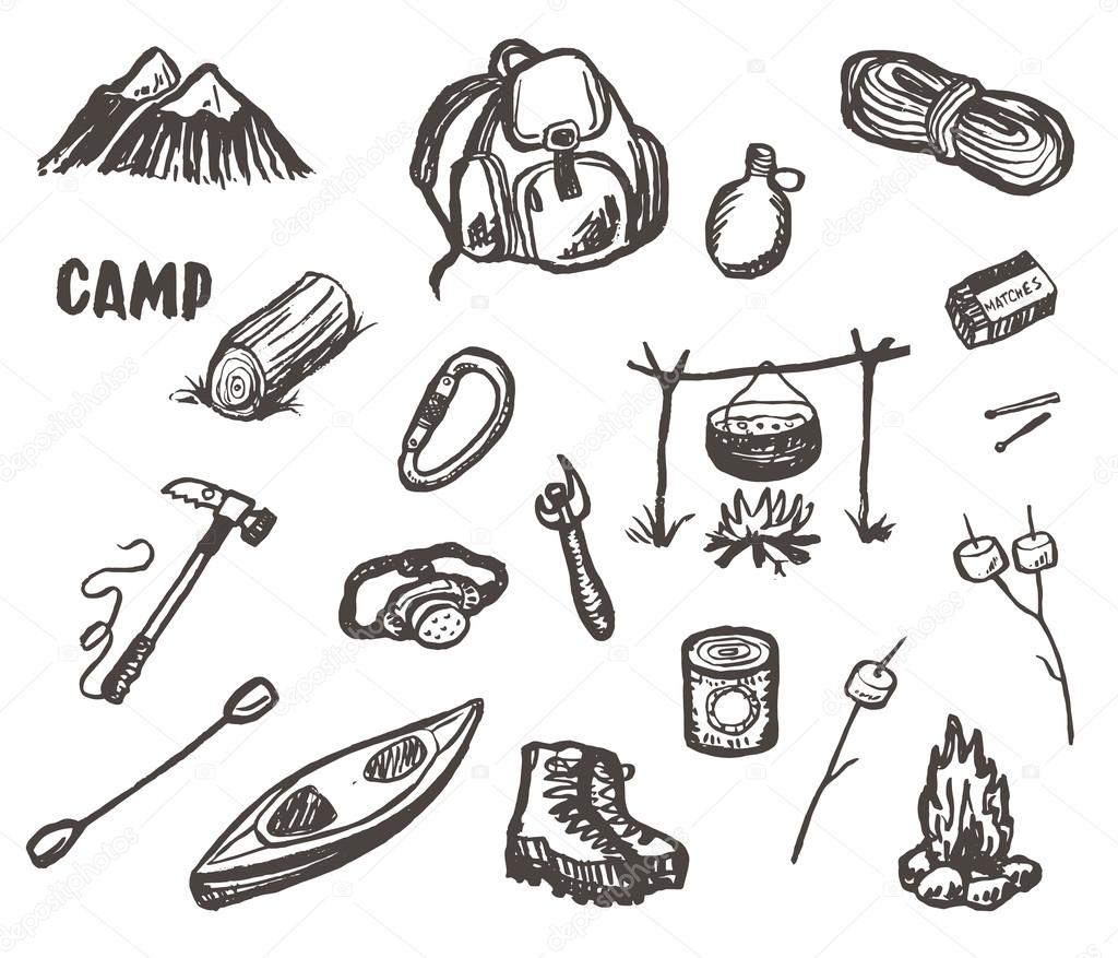 Hand drawn camping sketch set.