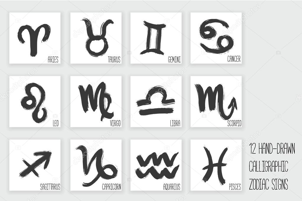 Hand drawn calligraphic zodiac sings set