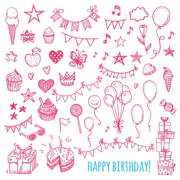 Hand drawn happy birthday party icons. Cakes, sweets, balloons, — Stock Vector