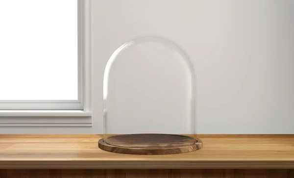 Dôme en verre avec plateau en bois sur table en bois — Photo