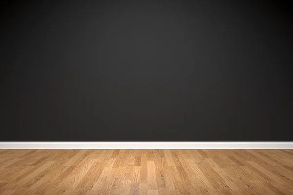 Lege zwarte muur en houten vloer — Stockfoto