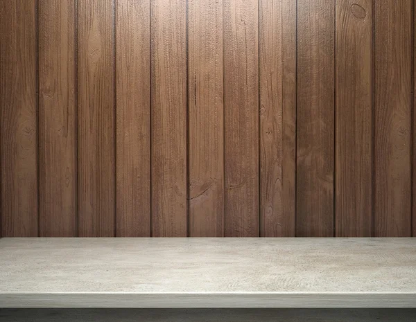 Bílý betonový stůl s dřevěnou prkennou zdí — Stock fotografie
