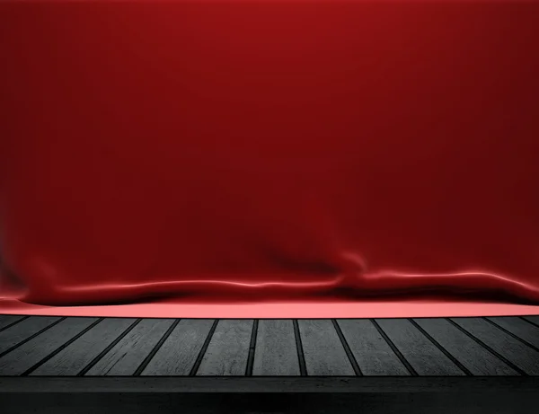 빨간 벨벳 천 배경으로 나무 테이블 — 스톡 사진