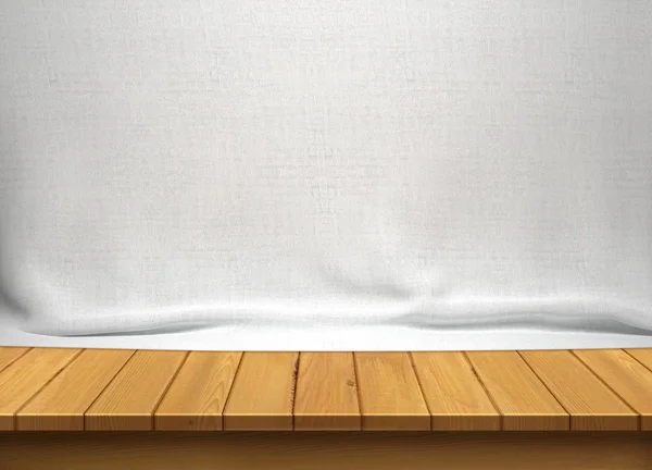 Wood table with white fabric background — Stock Photo, Image