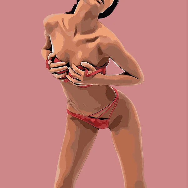 Women Body Sexy Pose Red Underwear Bra Advertising Vector Illustration — Stock Vector