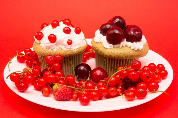 Γλυκό cupcakes με τα μούρα και τα κεράσια — Φωτογραφία Αρχείου