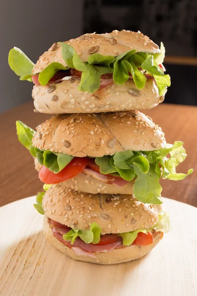 Stacked sandwiches with fresh smoked meat — Stock Photo, Image