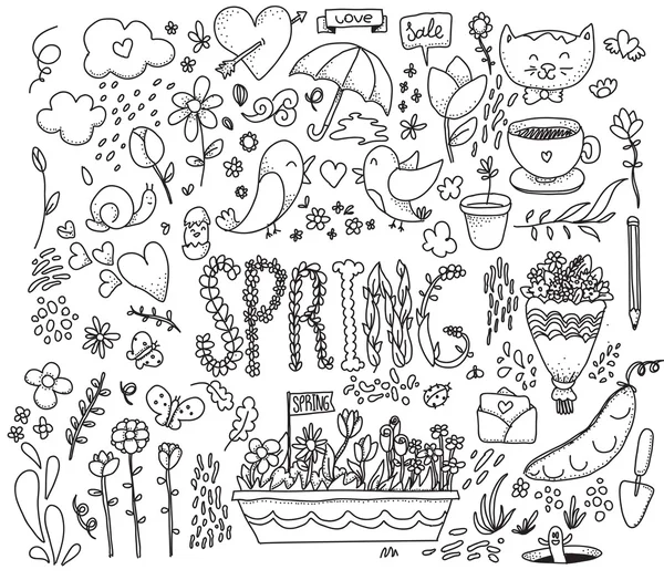 Conjunto de gráficos primavera. Ilustración vectorial dibujada a mano . — Vector de stock