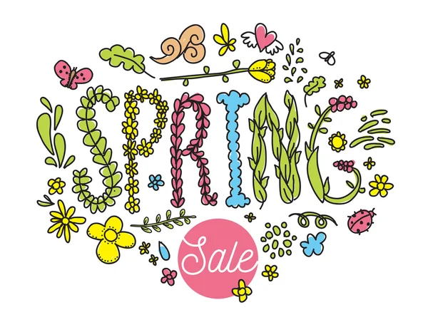 Inscripción floral de venta de primavera. Ilustración vectorial dibujada a mano . — Vector de stock