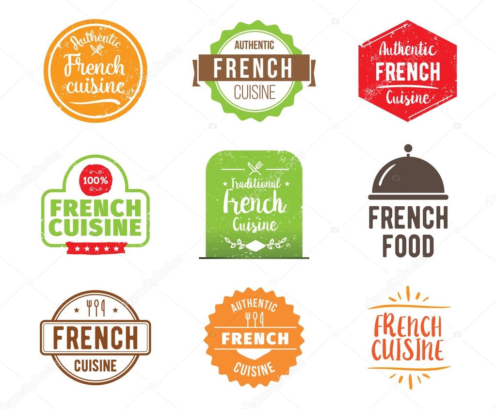 French cuisine, authentic traditional food typographic design set. Vector logo, label, tag or badge for restaurant and menu. Isolated.