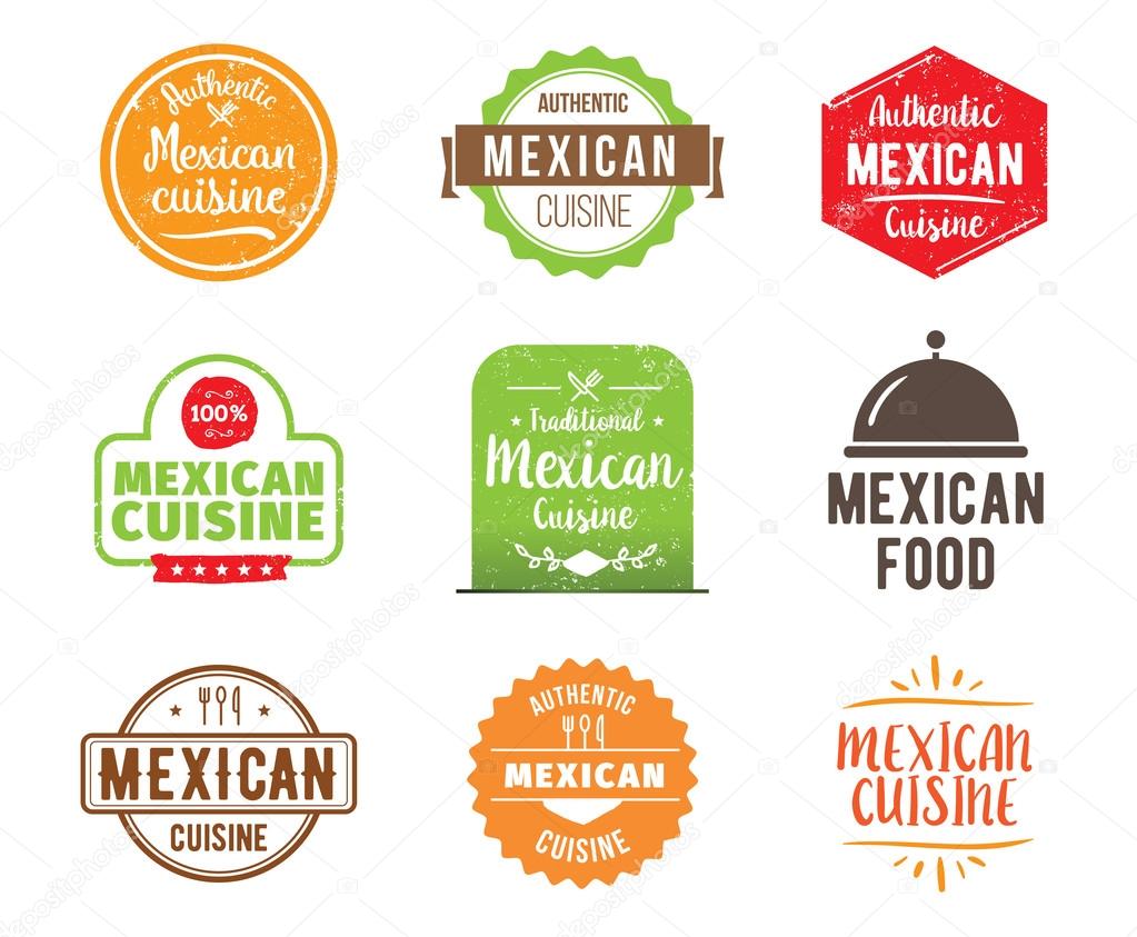 Mexican cuisine, authentic traditional food typographic design set. Vector logo, label, tag or badge for restaurant and menu. Isolated.