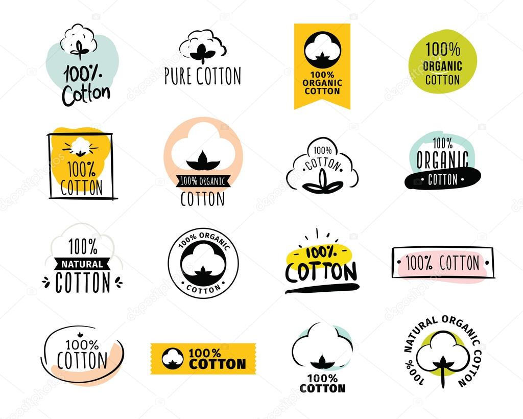 Natural organic cotton, pure cotton vector labels set. Hand drawn, typographic style icons or badges, stickers, signs. Isolated on white background.