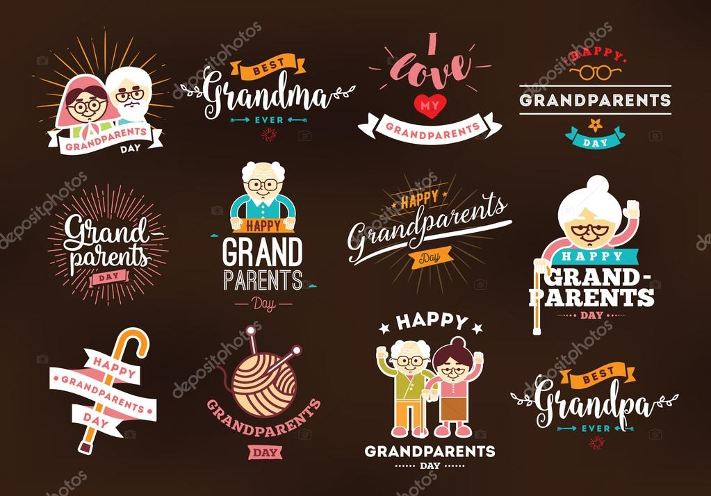 Happy Grandparents day typographic emblems, logo set. Grandma and grandpa vector illustation. Design for greeting card, flyer, poster, banner or t-shirt.