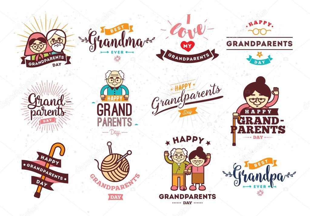 Happy Grandparents day typographic emblems, logo set. Grandma and grandpa vector illustation. Design for greeting card, flyer, poster, banner or t-shirt.