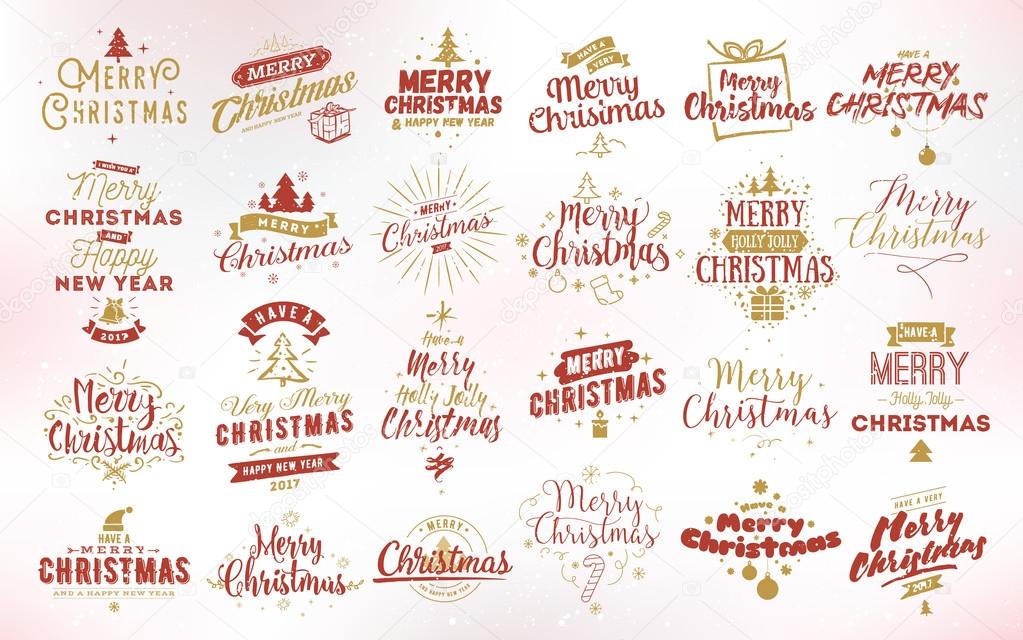 Merry Christmas and Happy New Year 2017 typographic emblems set. Vector logo, text design. Usable for banners, greeting cards, gifts etc.