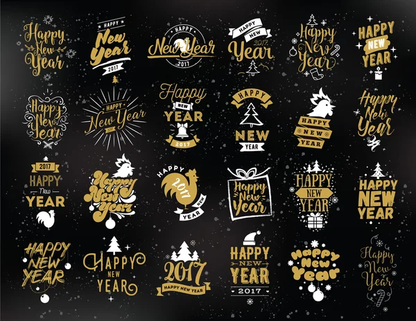 Feliz Año Nuevo conjunto de emblemas tipográficos . — Vector de stock