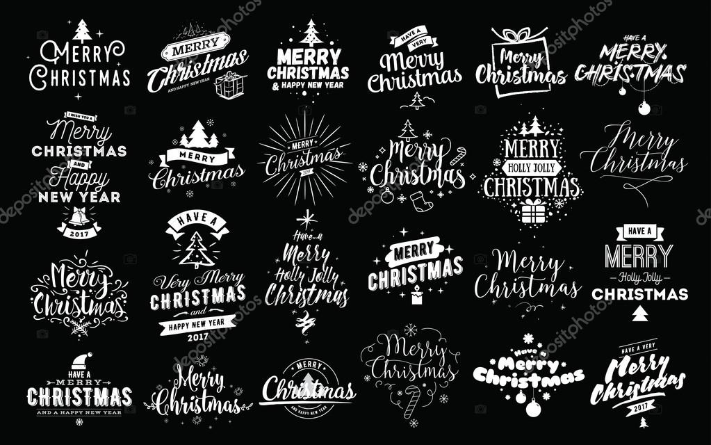 Merry Christmas and Happy New Year 2017 typographic emblems set. Vector logo, text design. Usable for banners, greeting cards, gifts etc.