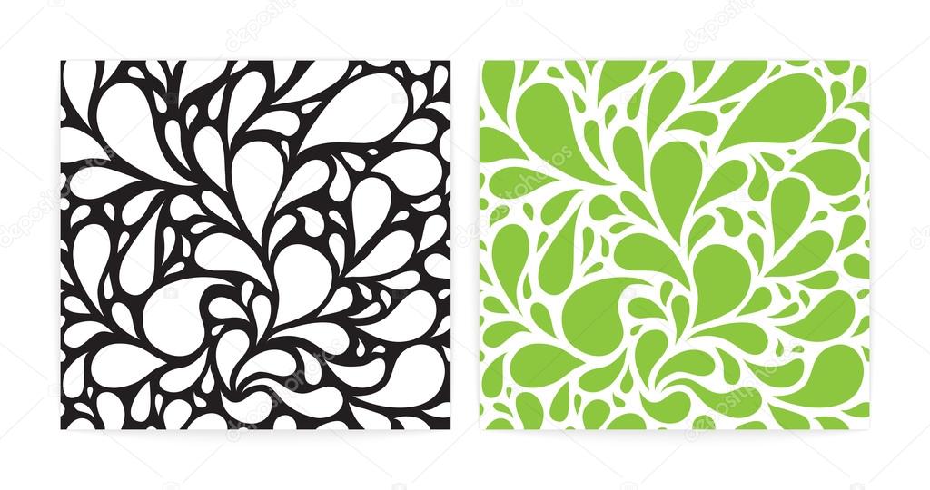 Seamless patterns set with funny drops. Black, white and green.