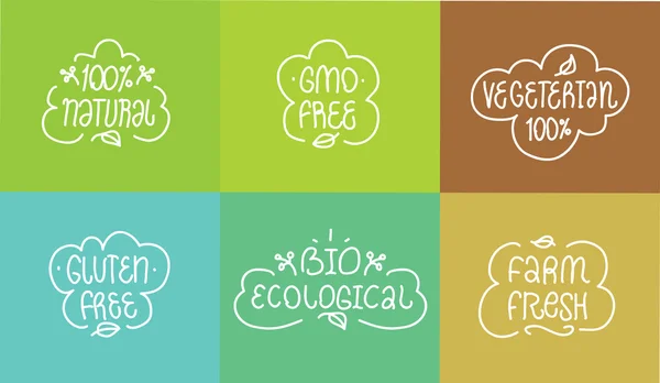 Gmo y sin gluten, bio ecológico, elementos vegetarianos naturales establecidos. Letras dibujadas a mano. Bolsas o etiquetas para el diseño del producto . — Vector de stock