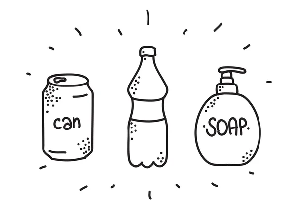 Ícones de lata e garrafa desenhados à mão para design. Doodles vetoriais. Frasco de sabão . —  Vetores de Stock