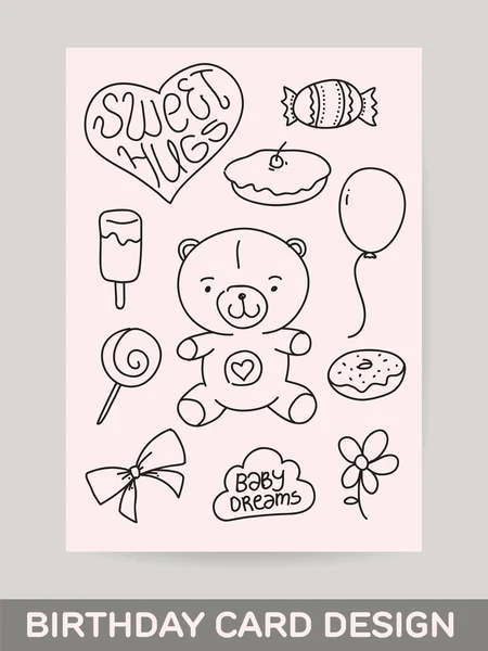 KIds disegnato a mano disegno biglietto di auguri con doodle orsacchiotto, cibo dolce, regalo, palloncino. Utile per biglietti di auguri e stampa . — Vettoriale Stock