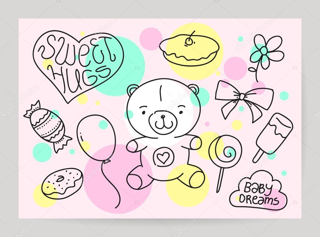 KIds hand drawn greeting card design with doodle teddy bear, sweet food, gift, baloon. Useful for happy birthday cards and print.