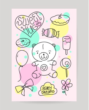 Çocuklar çizilmiş tebrik kartı tasarımı doodle oyuncak ayı, tatlı gıda, Hediyelik, balon ile ver. Mutlu doğum günü kartları için yararlı ve yazdırma.