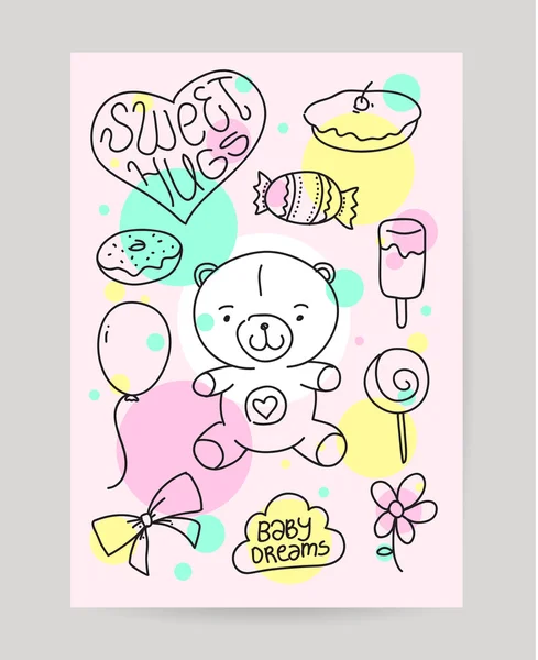 Çocuklar çizilmiş tebrik kartı tasarımı doodle oyuncak ayı, tatlı gıda, Hediyelik, balon ile ver. Mutlu doğum günü kartları için yararlı ve yazdırma. — Stok Vektör