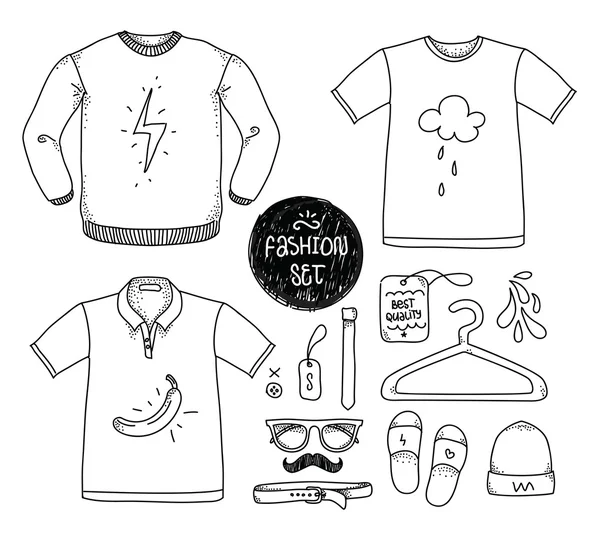 Hand drawn clothing set. Blank t-shirt, polo, sweater, and accessories . Casual style. Vector illustration for your fashion or shop design. — Stock vektor