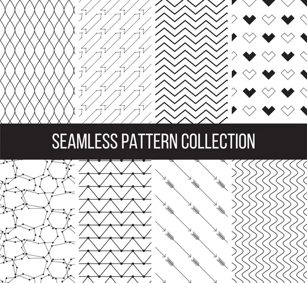 Set of vector seamless patterns in black and white. Geometric textures can be used for print, wallpaper, web page background, surface design, textile, fashion, cards. — Stockvector