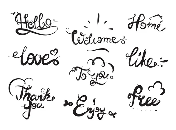 Hand drawn elegant catchwords for your design. Thank you, Free, Hello, Welcome, Enjoy, Home. Decorative lettering elements. — Διανυσματικό Αρχείο
