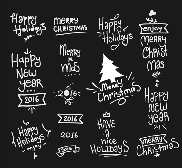 Set de letras dibujadas a mano Feliz Navidad y Feliz Año Nuevo. Elementos de decoración de invierno para diseño, tarjetas de felicitación o invitaciones — Vector de stock