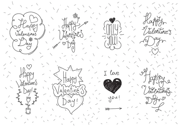 Tarjetas de felicitación del día de San Valentín 8 set. Diseño vintage dibujado a mano . — Vector de stock