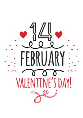 Mutlu Sevgililer günü kart tasarımı. Tipografik ve el öğeleri çizilmiş. Beyaz arka plan.