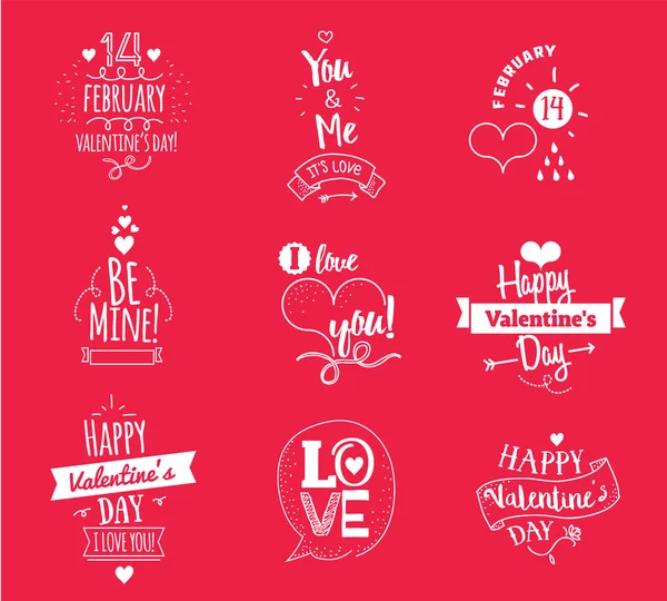 Valentines Day desain tipografi ditetapkan pada latar belakang merah. Dapat digunakan untuk kartu ucapan atau poster . - Stok Vektor