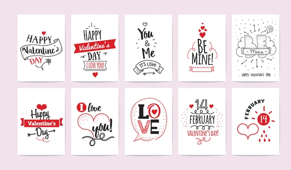 De dag van Valentijnskaarten wenskaarten. 10 vectorss instellen. Hand getrokken en typografische vintage design. — Stockvector