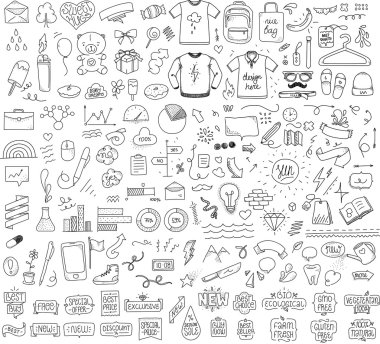 Isolated sketch objects bundle. Mega set of vector doodles. Hand drawn funny things. Black on white packground. Dotted.
