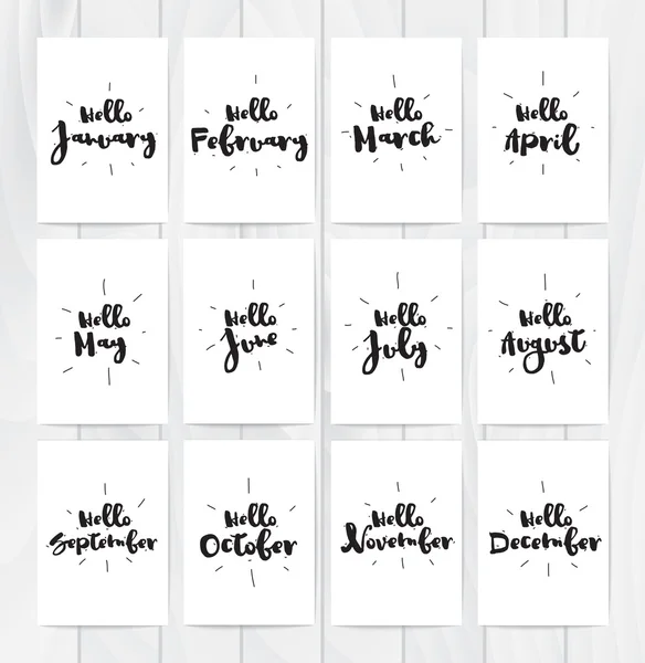 Hello month 12 cards. Hand drawn design, calligraphy. Vector photo overlay. Black on white background. Useable for cards, prints, etc. January, February, March, April, May, June, July, August — Stock Illustration Hello month 12 cards. Hand drawn design, calligraphy. Vector photo overlay. Black on white background. Useable for cards, prints, etc. January, February, March, April, May, June, July, August Vector Graphics