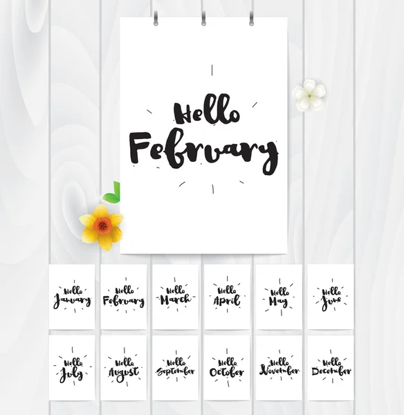 Hello month 12 cards. Hand drawn design, calligraphy. Vector photo overlay. Black on white background. Useable for cards, prints, etc. January, February, March, April, May, June, July, August — Stock Illustration Hello month 12 cards. Hand drawn design, calligraphy. Vector photo overlay. Black on white background. Useable for cards, prints, etc. January, February, March, April, May, June, July, August Royalty Free Stock Vectors