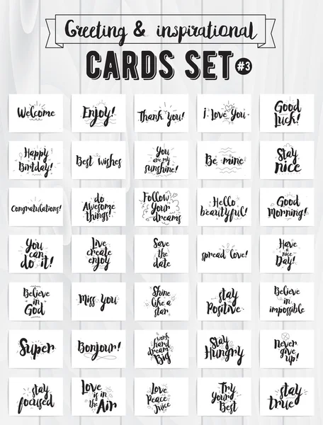 Greeting and inspirational cards set. Typographic vector design. Calligraphical quotes, wishes, greetings. Hand drawn elements. Useable as photo overlay.