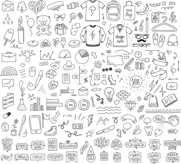 Isolated sketch objects bundle. Mega set of vector doodles. Hand drawn funny things. Black on white packground. Dotted.
